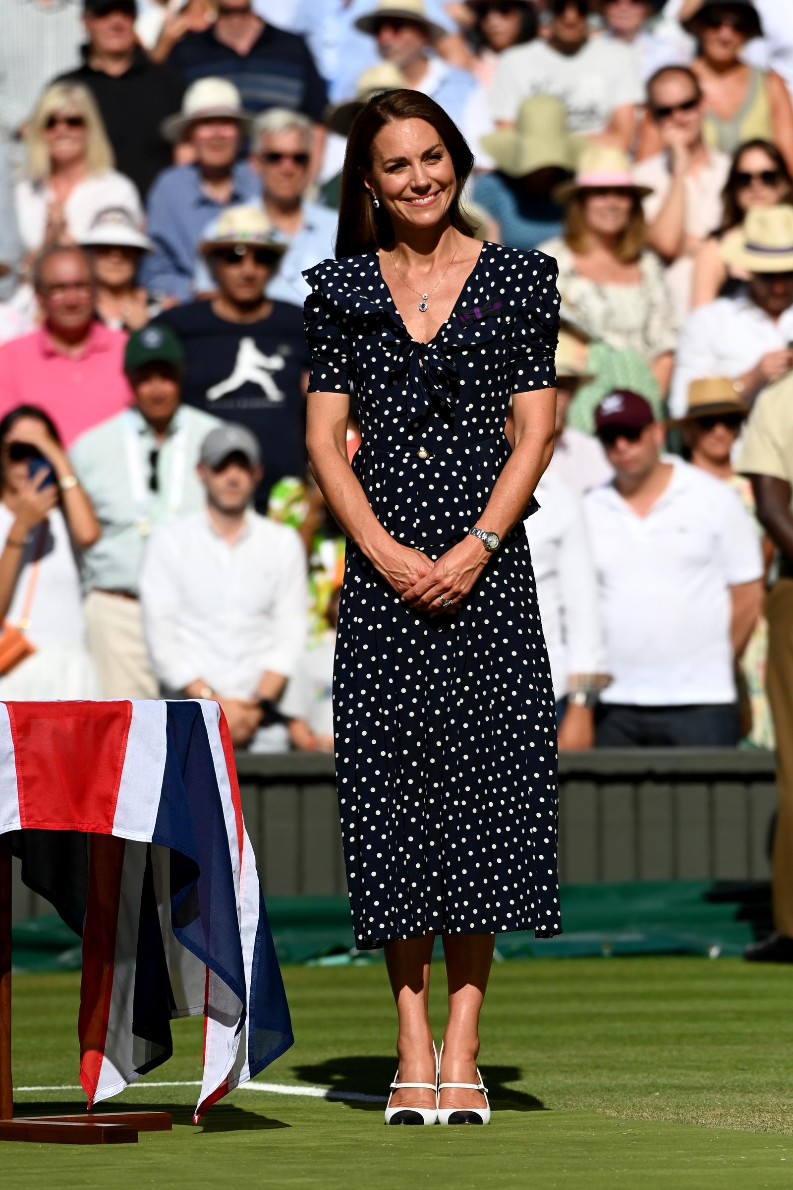 Catherine, Princess of Wales, during the trophy ceremony following the Men's Singles Final match between Novak Djokovic of Serbia and Nick Kyrgios of Australia on day 14 of The Wimbledon Championships 2022 at the All England Lawn Tennis and Croquet Club on July 10 in London. | Source: Getty Images