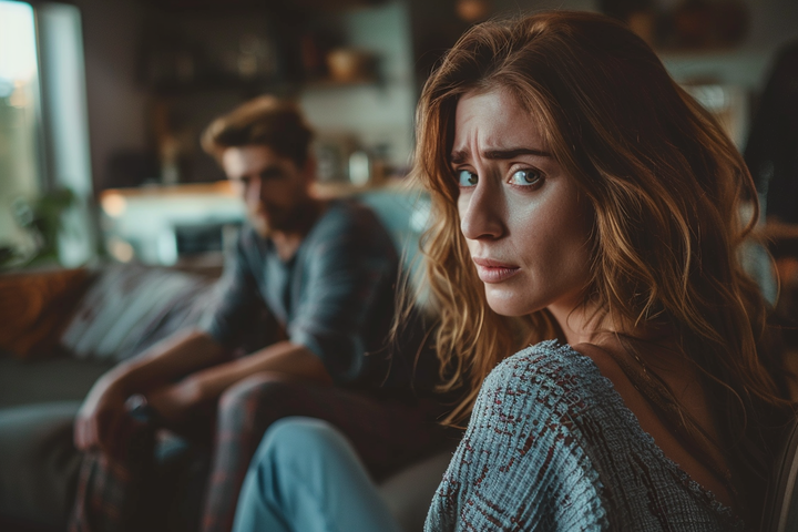 A frustrated woman and a man sitting on the couch | Source: No source