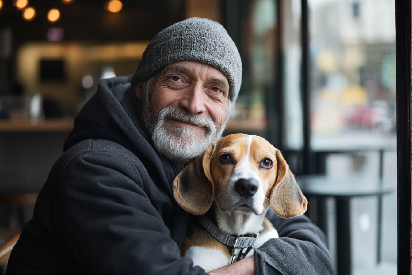 A homeless man hugging a dog inside a café and smiling | Source: No source