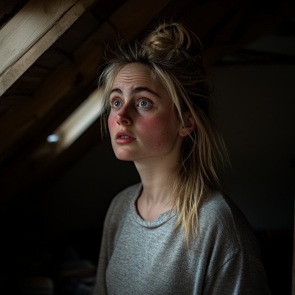 A woman looks concerned and worried while standing in an attic | Source: No source