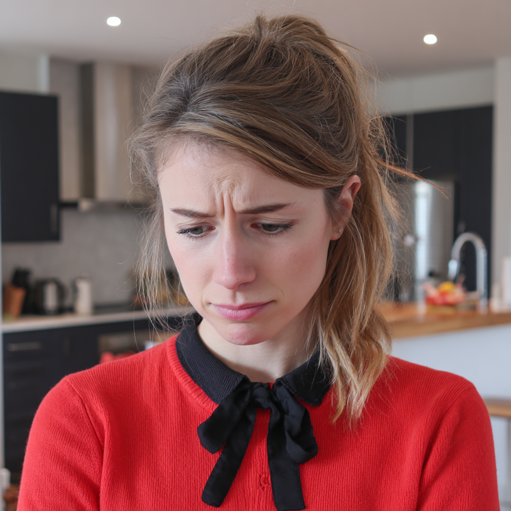A frowning woman with a ponytail wearing a red jersey | Source: No source