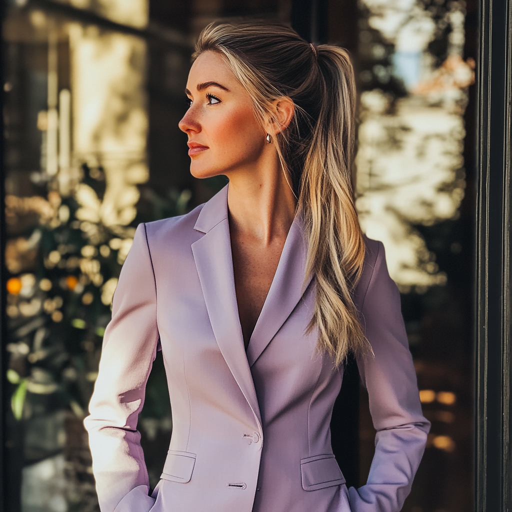 A woman wearing a purple pantsuit | Source: No source