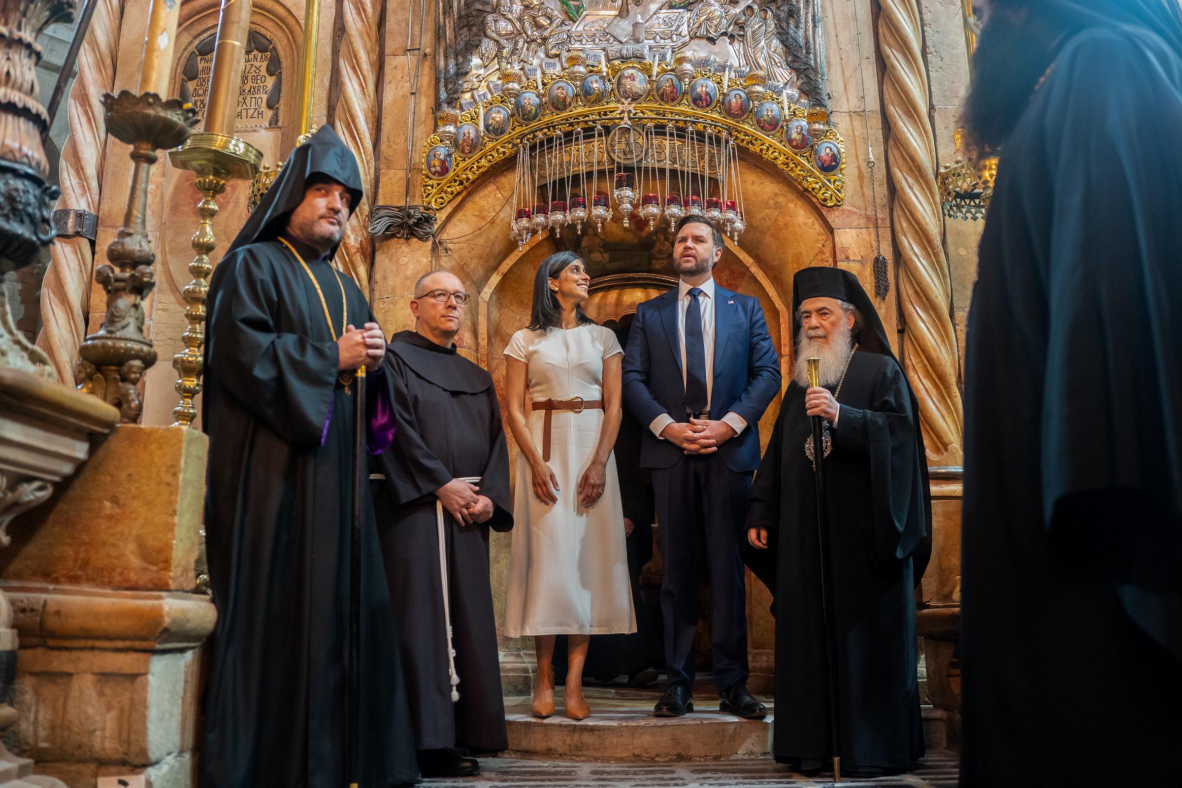 J.D. Vance and his wife Usha tour The Church of the Holy Sepulchre in the Old City of Jerusalem in Israel  on October 23, 2025. | Source: Getty Images