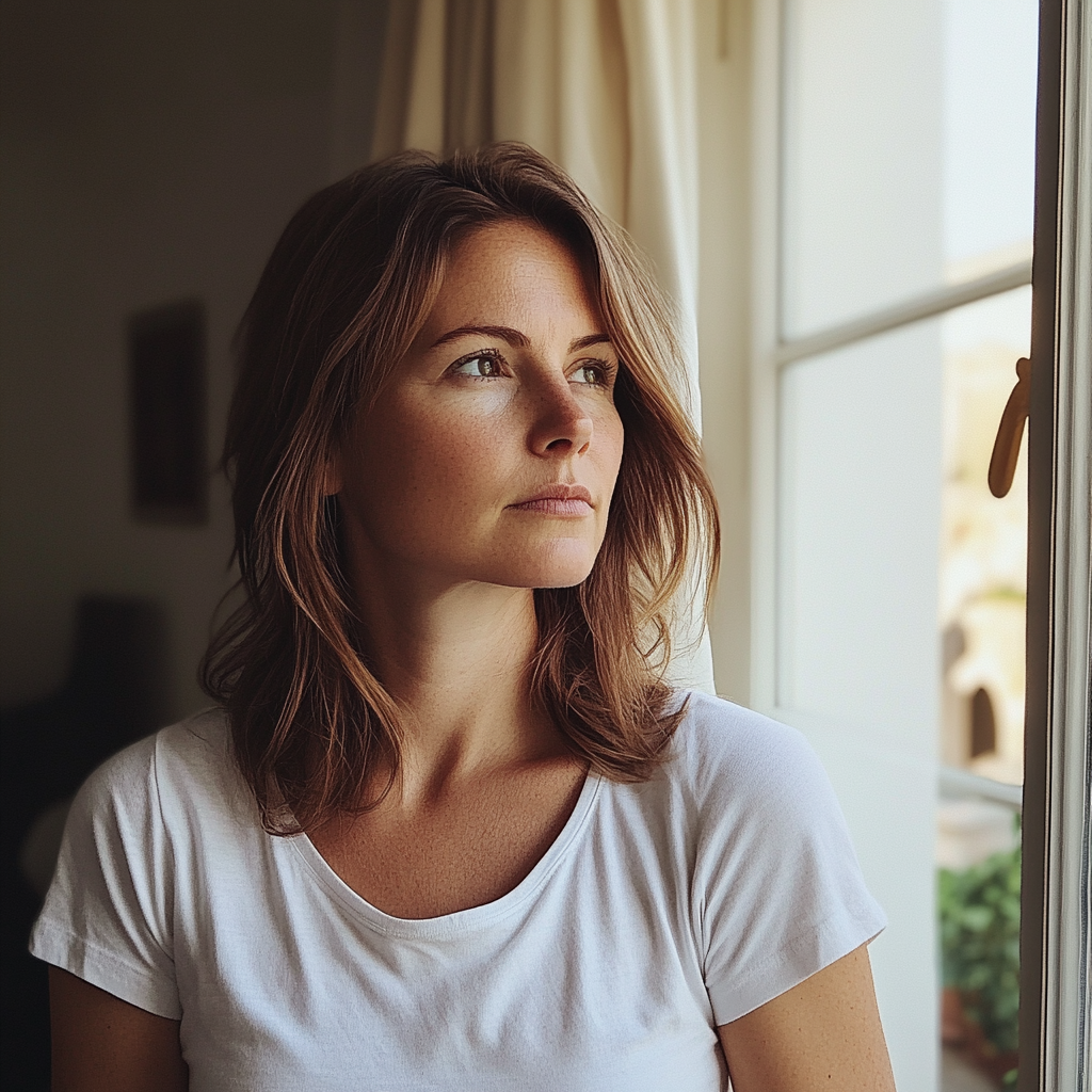 A woman standing by a window in a living room | Source: No source