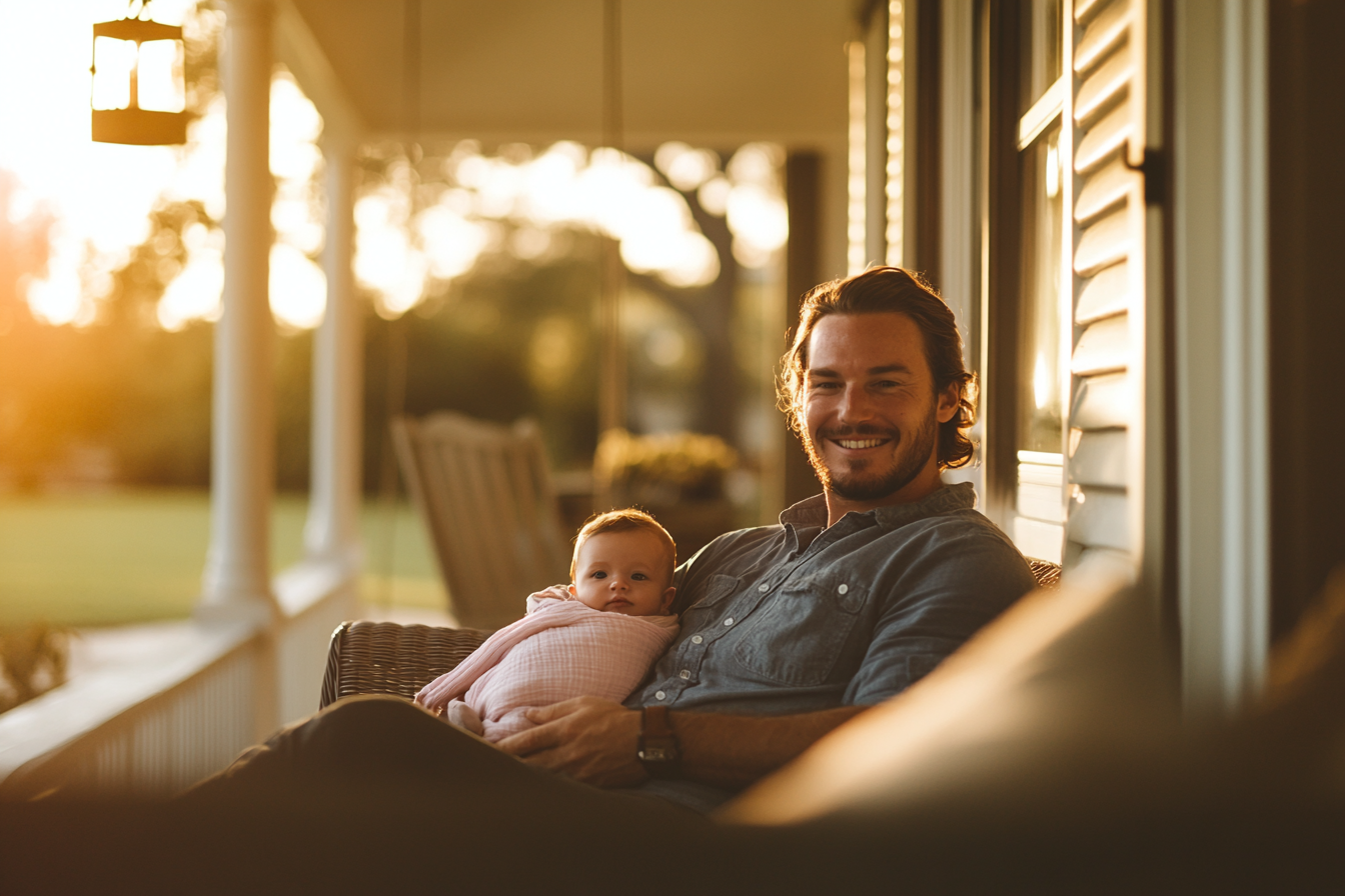 A man sits on a porch smiling while holding a baby in a pink blanket | Source: no source