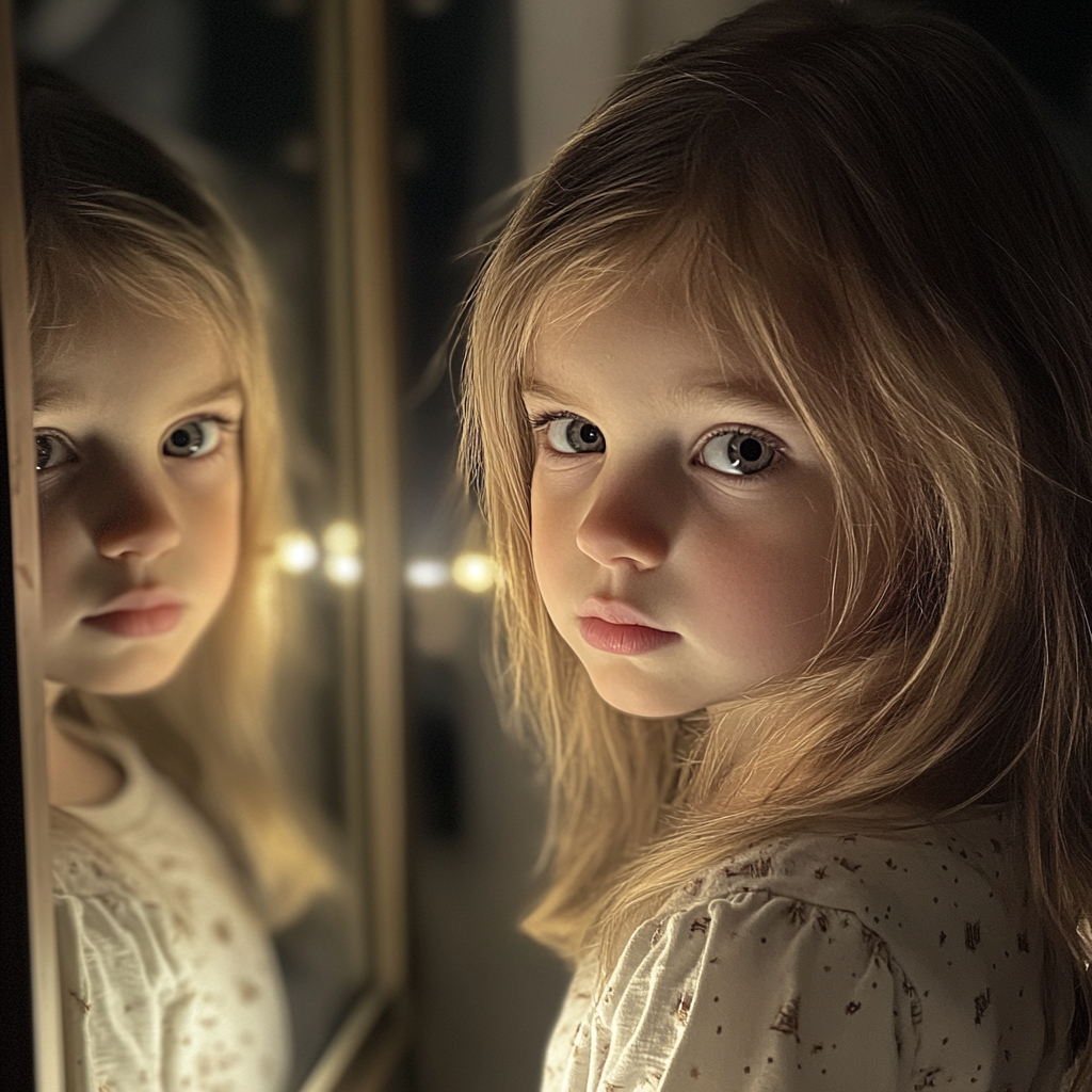 A little girl standing by a mirror | Source: no source