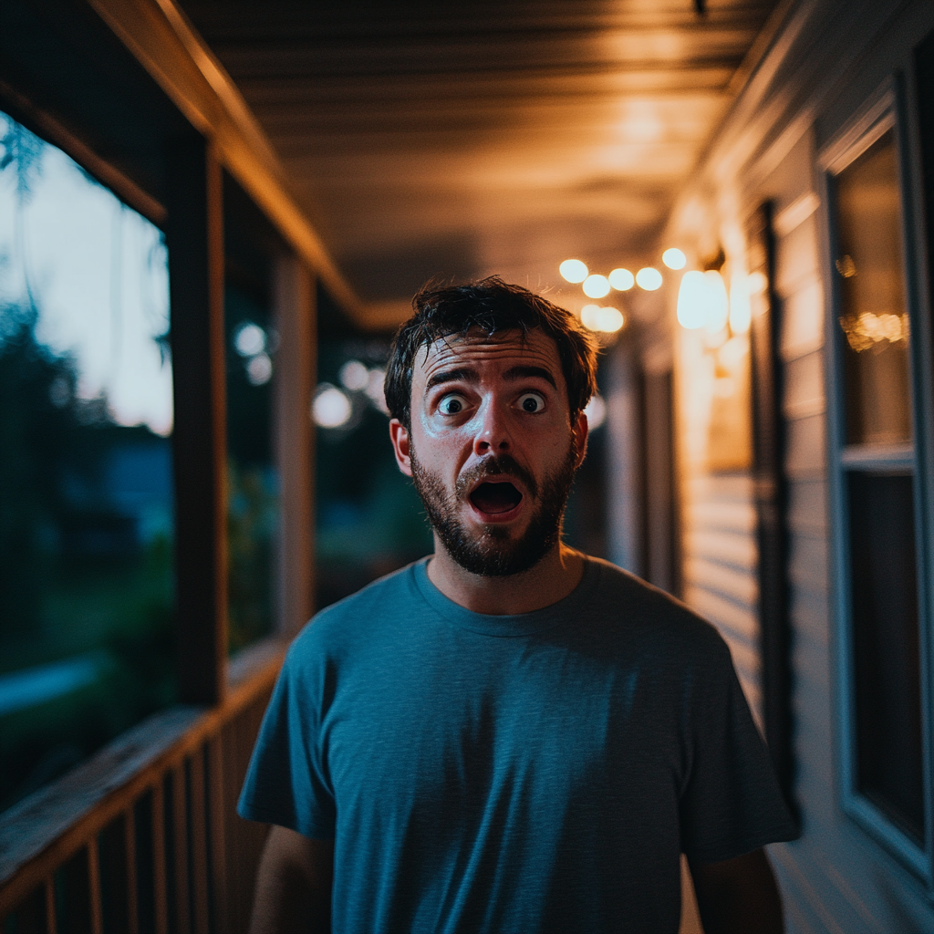 A shocked man standing on a porch | Source: No source