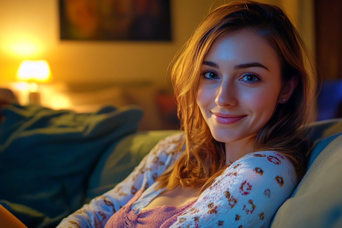 A smirking woman sitting on a sofa | Source: no source