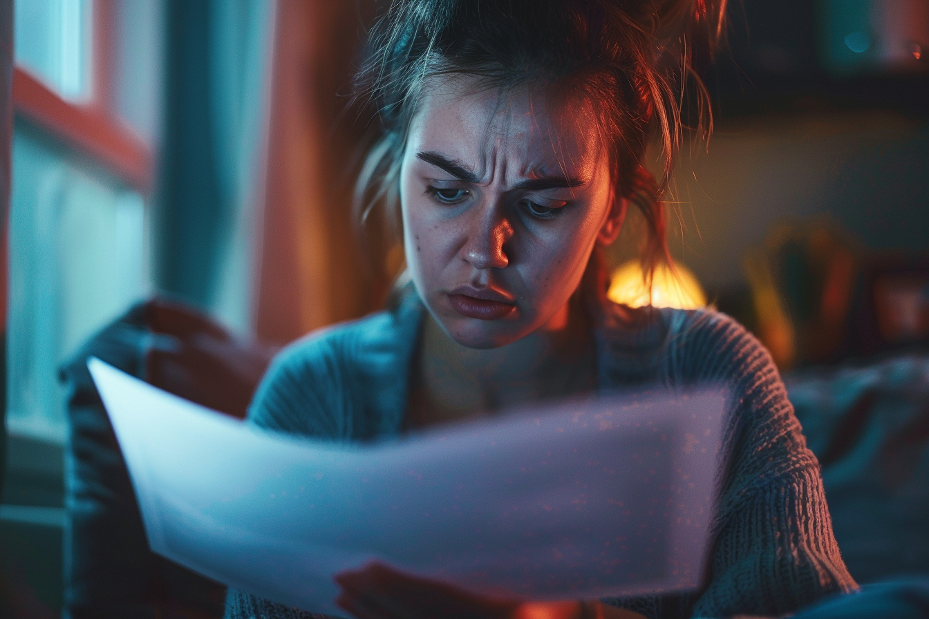 A woman staring at a paper in disbelief | Source: No source