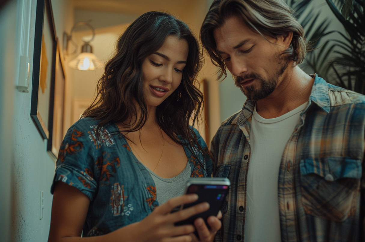 A woman showing a man her phone screen | Source: no source