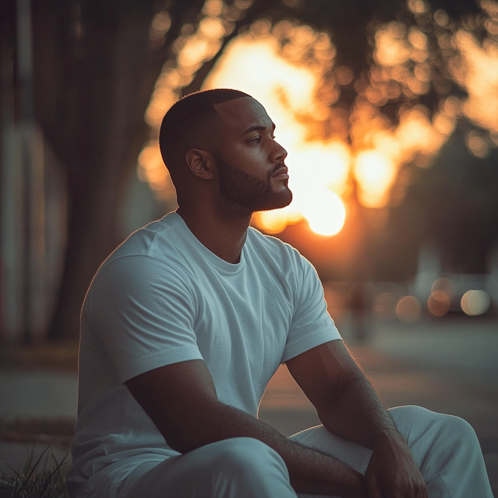 A man sitting on a sidewalk | Source: No source