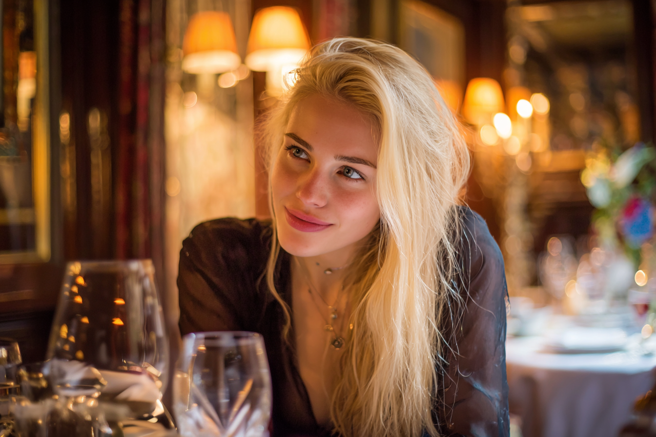 A woman with a fierce look in her eyes smiling at someone in a restaurant | Source: No source