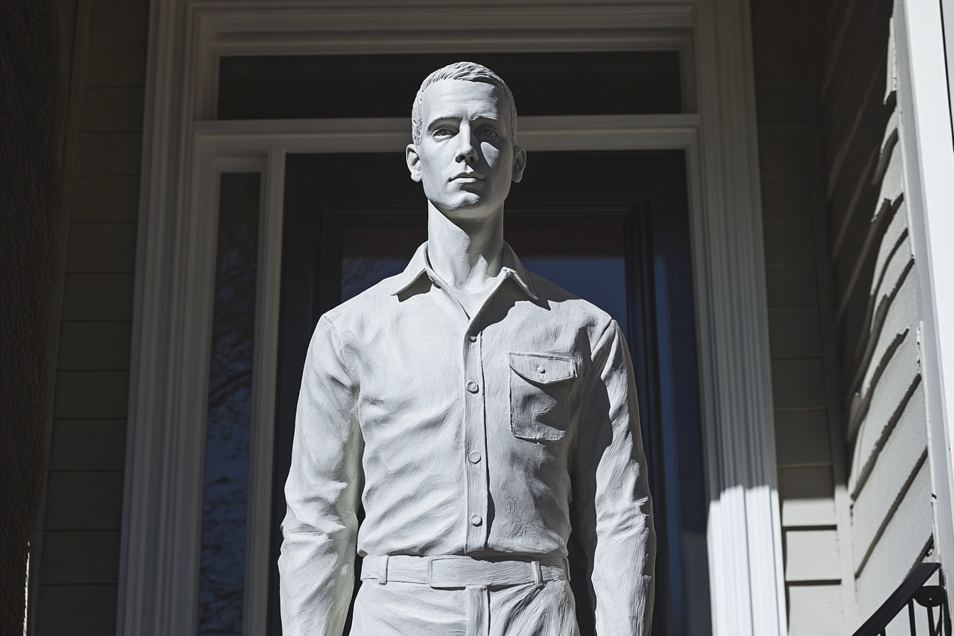 A life-sized sculpture of a man on a front porch | Source: no source