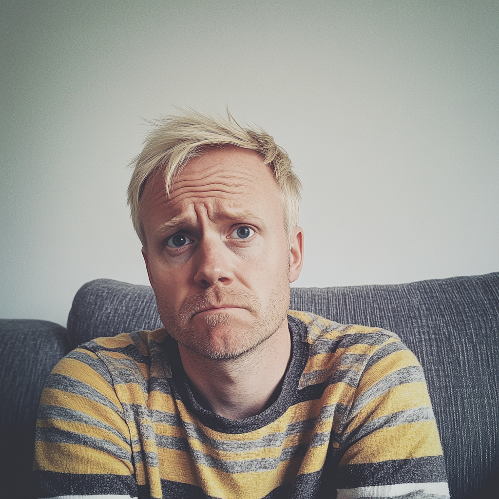An upset man sitting on a couch | Source: no source