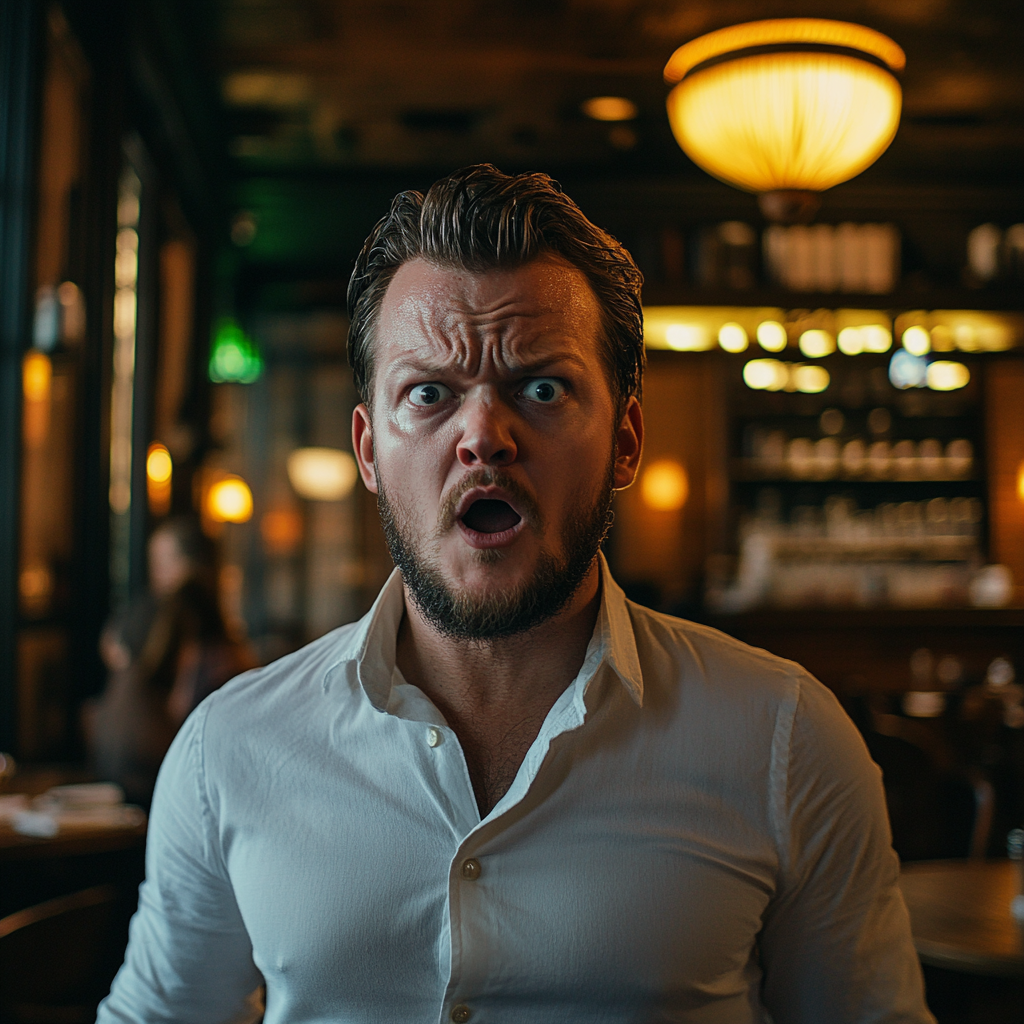 An extremely shocked man standing in a restaurant | Source: no source