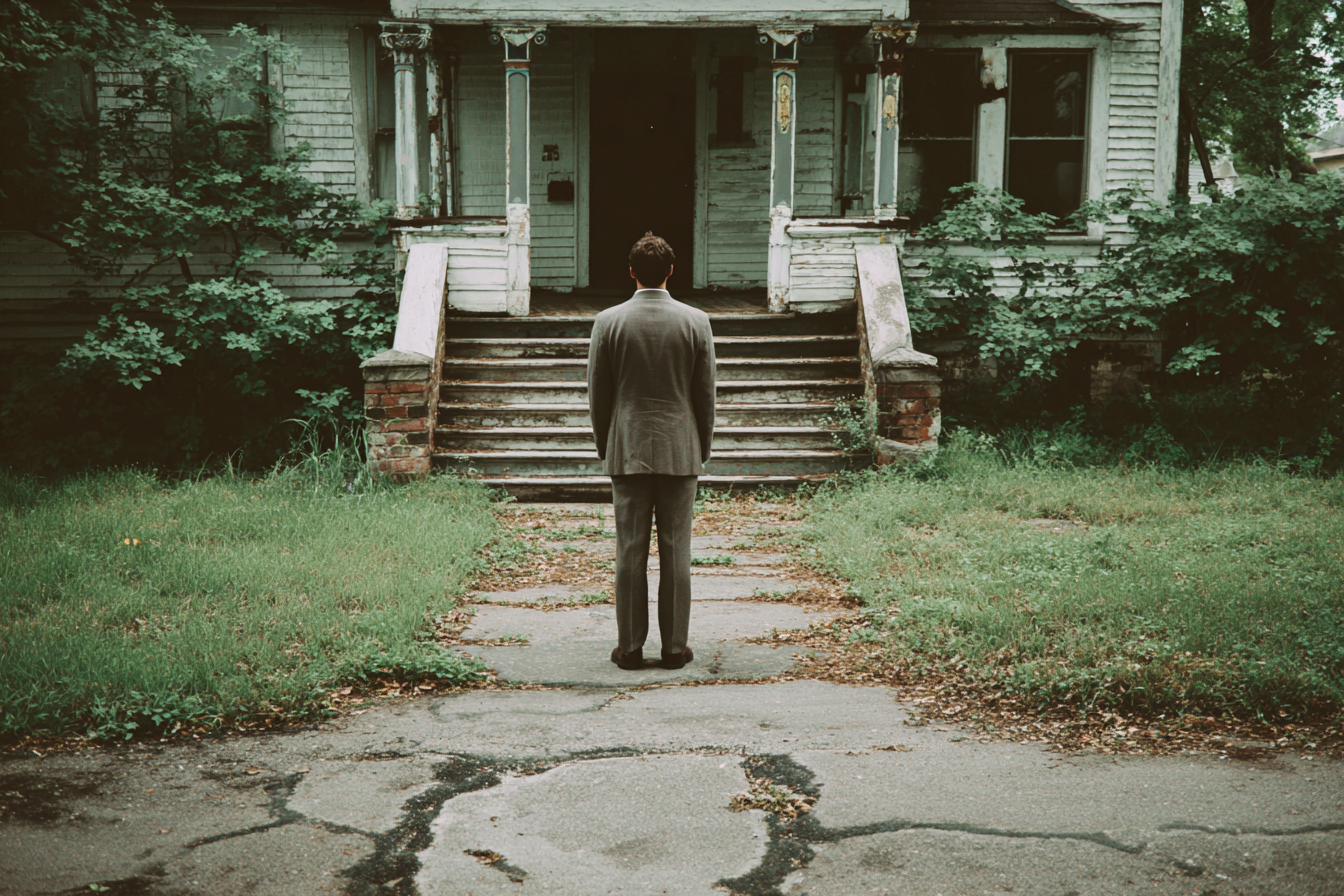 A man standing in front of a modest house | Source: No source