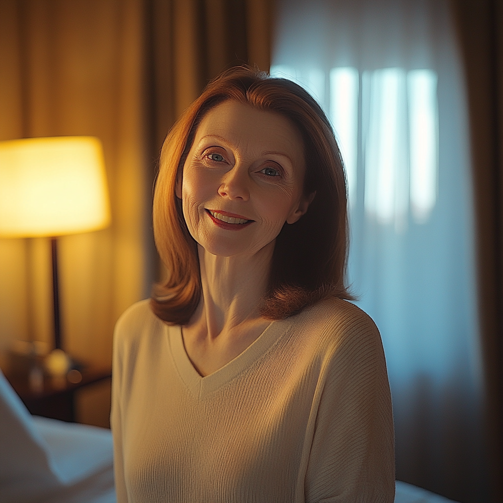 A woman smiling in a hotel room | Source: No source
