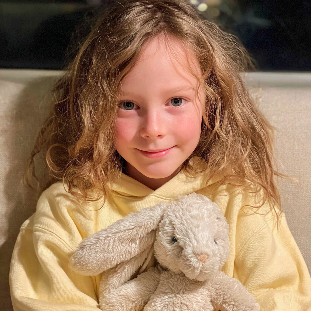 A smiling little girl holding a stuffed bunny | Source: no source