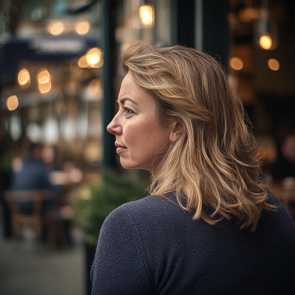 A closeup shot of a woman standing outside a restaurant | Source: no source