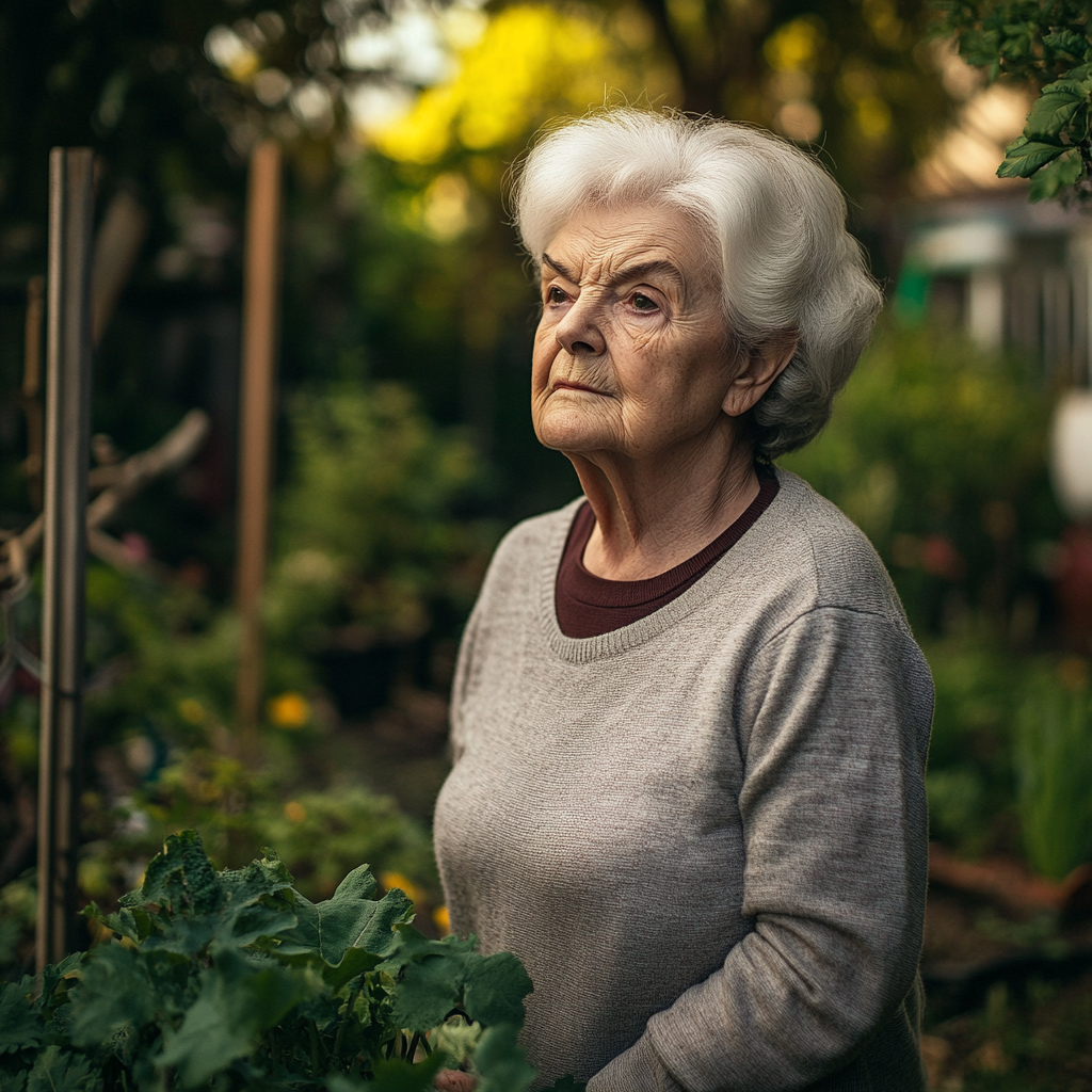 A thoughtful and curious elderly woman in her garden | Source: no source