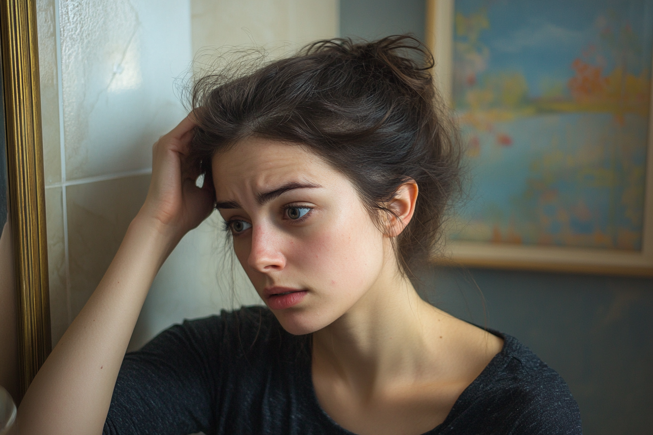 A woman examining her hair | Source: No source