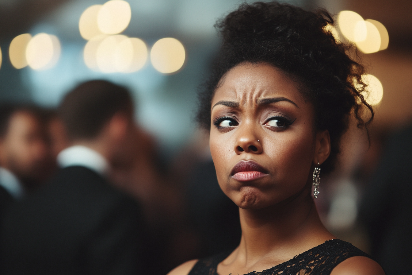 A frowning woman at a work party | Source: no source