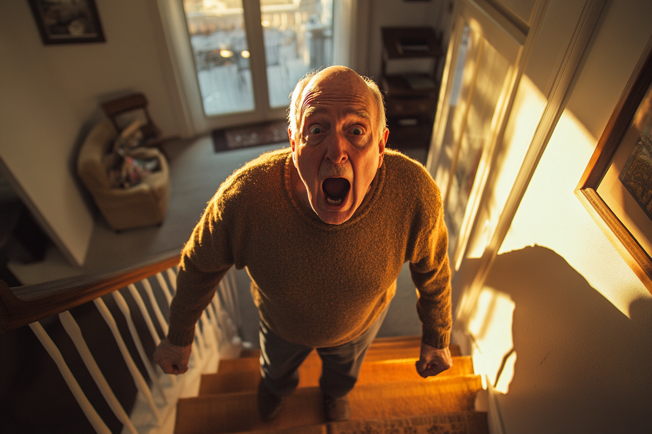 A man in his 70s yelling from the bottom of the stairs in a nice house | Source: no source