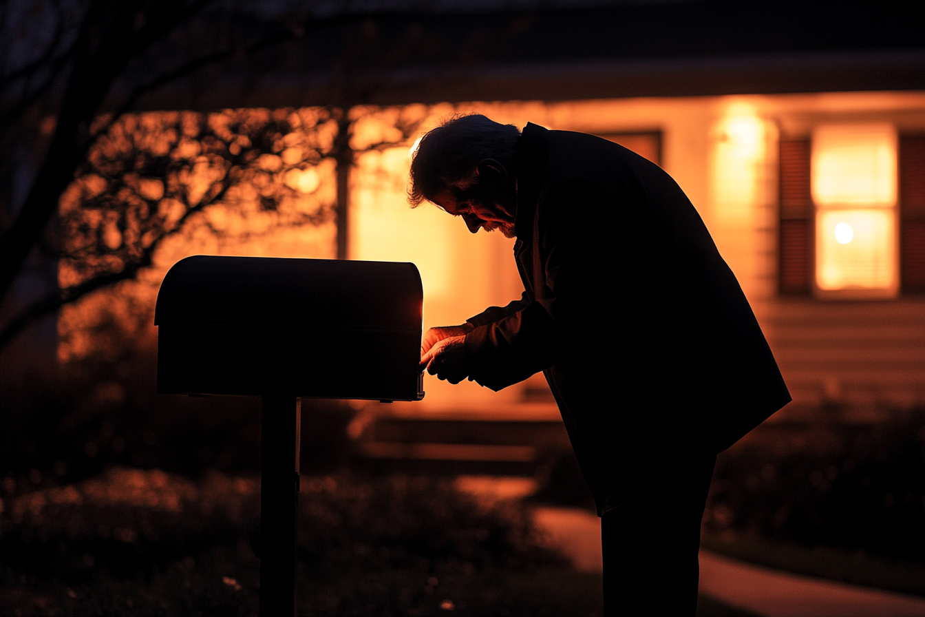 An older man putting something in the mailbox outside a house at night | Source: no source