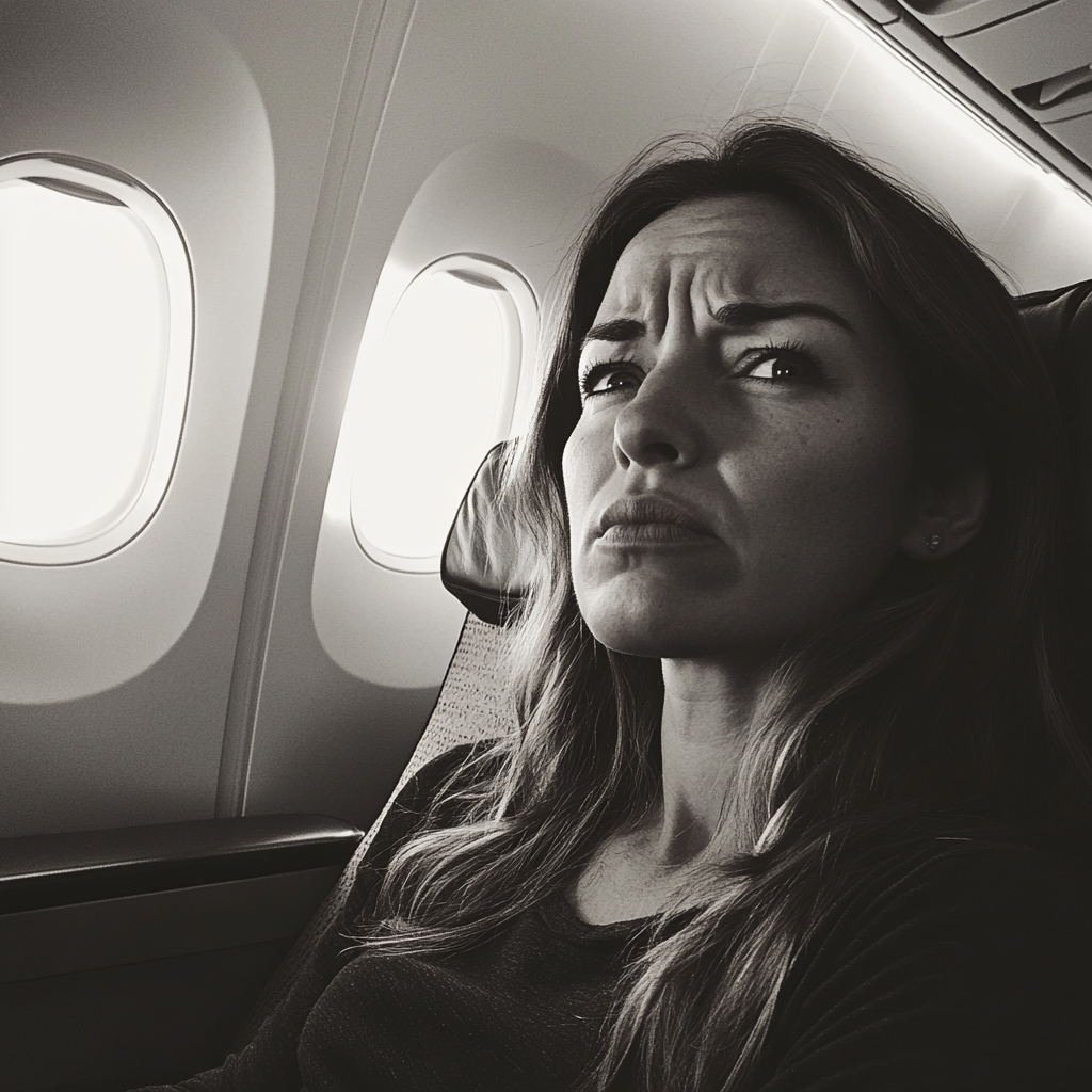 An upset woman sitting in an airplane | Source: no source