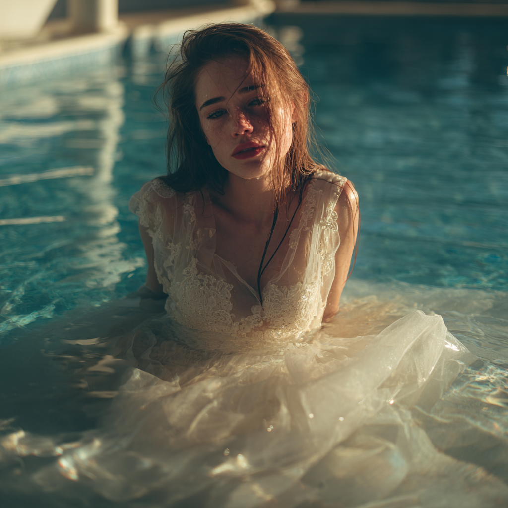 An upset bride in a pool | Source: No source