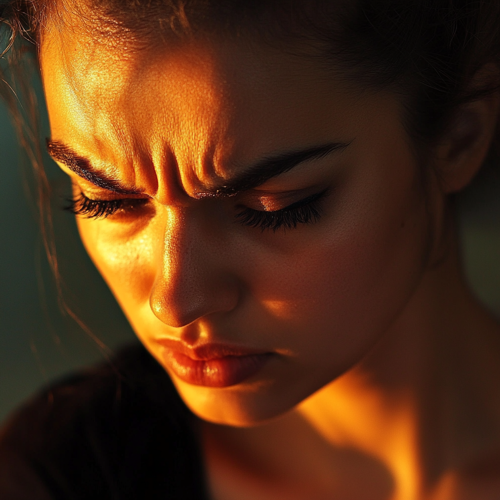 A sad woman with her eyes downcast | Source: no source
