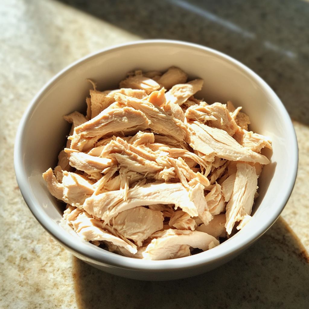 A bowl of shredded chicken | Source: no source