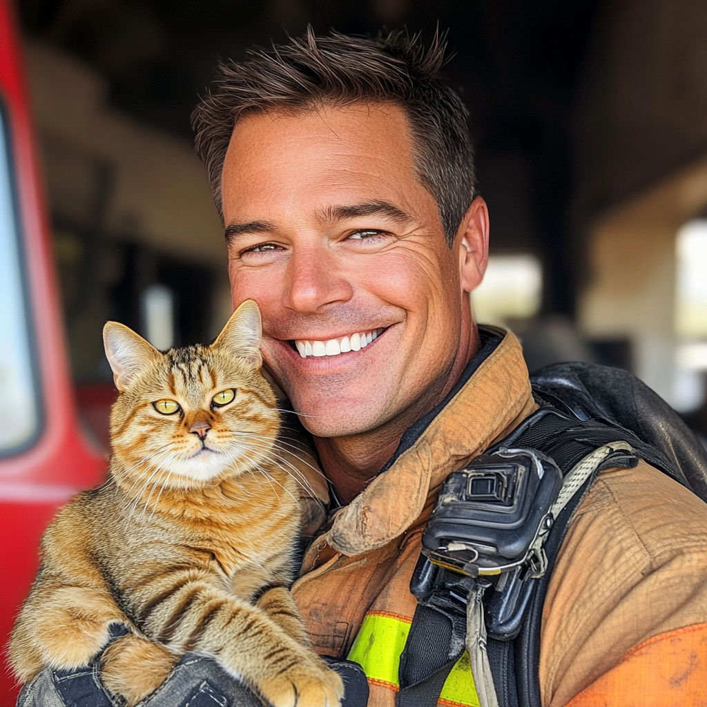 A fire fighter holding a cat | Source: no source