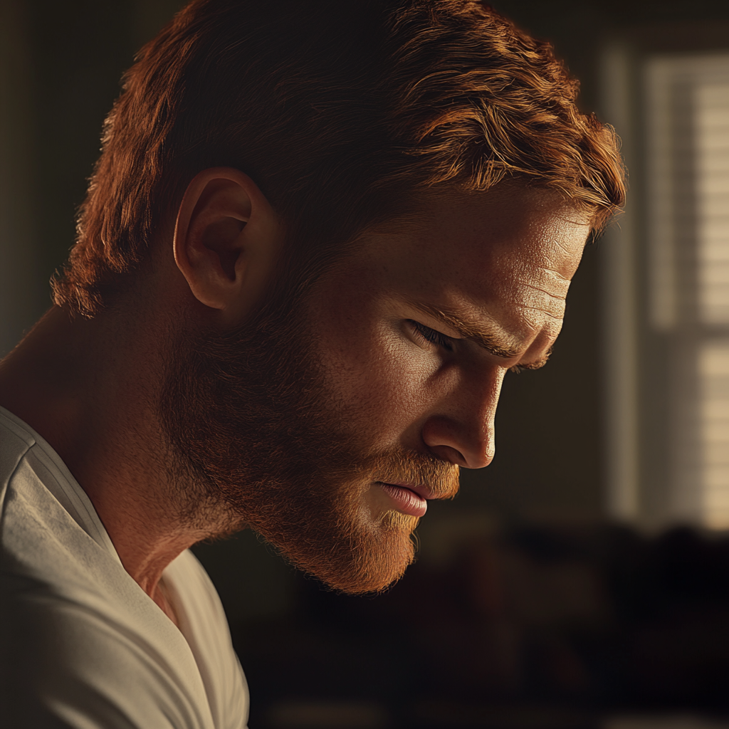 Side shot of a distressed man looking down | Source: no source
