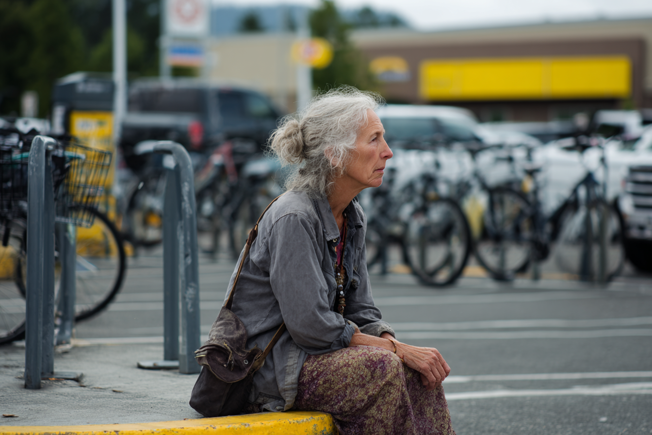 An elderly woman sitting on a curb | Source: No source