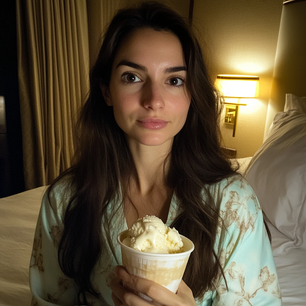 A woman sitting in a hotel room | Source: No source