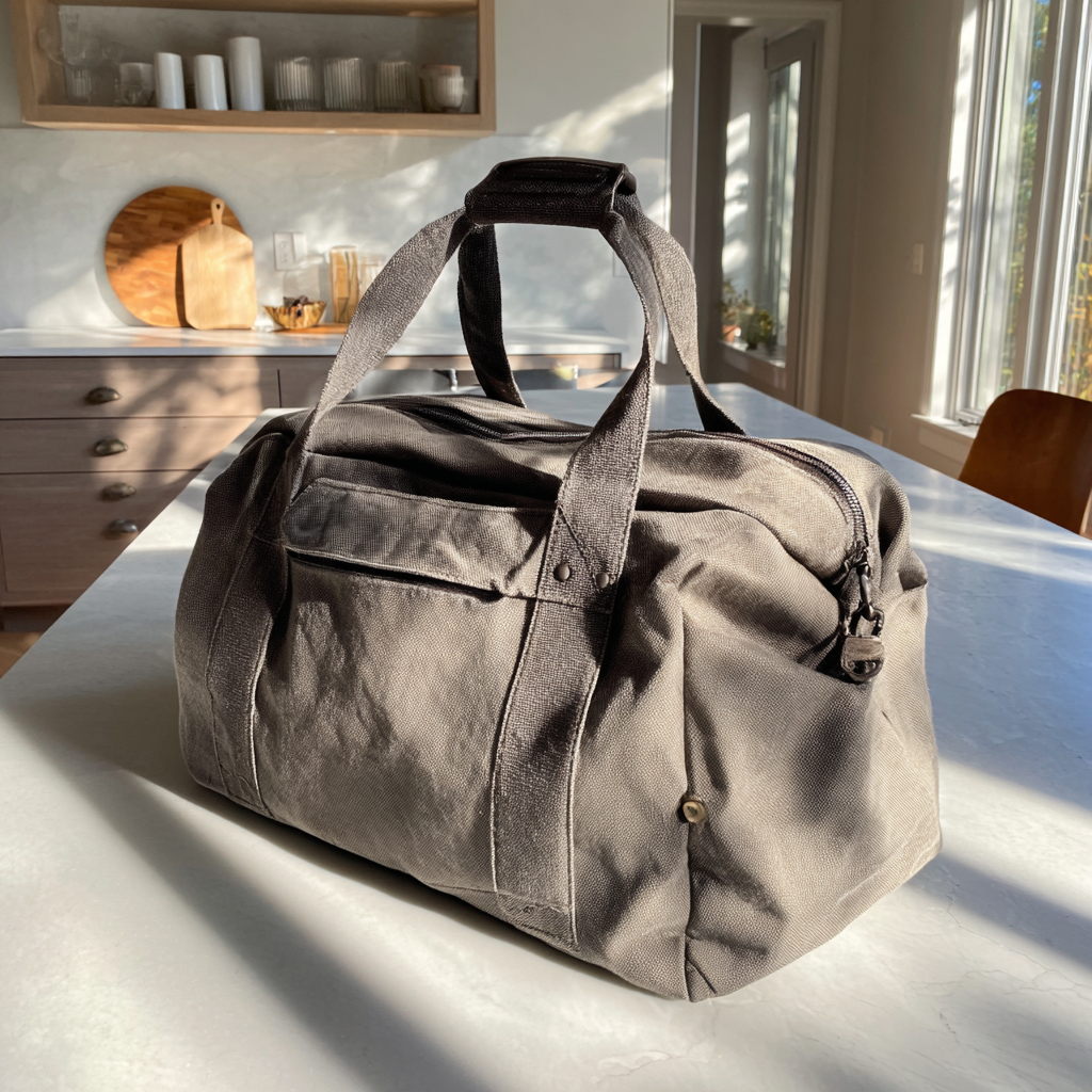 A gray duffel bag on a table | Source: No source
