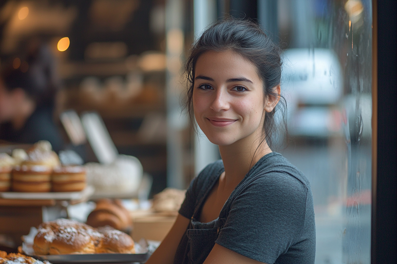 A woman smiling near a bakery window | Source: No source