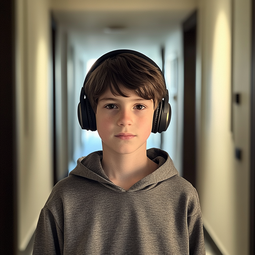 A boy standing in a hallway | Source: no source