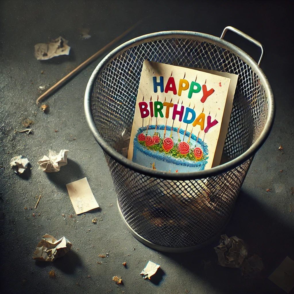 A birthday card in a trash can | Source: No source