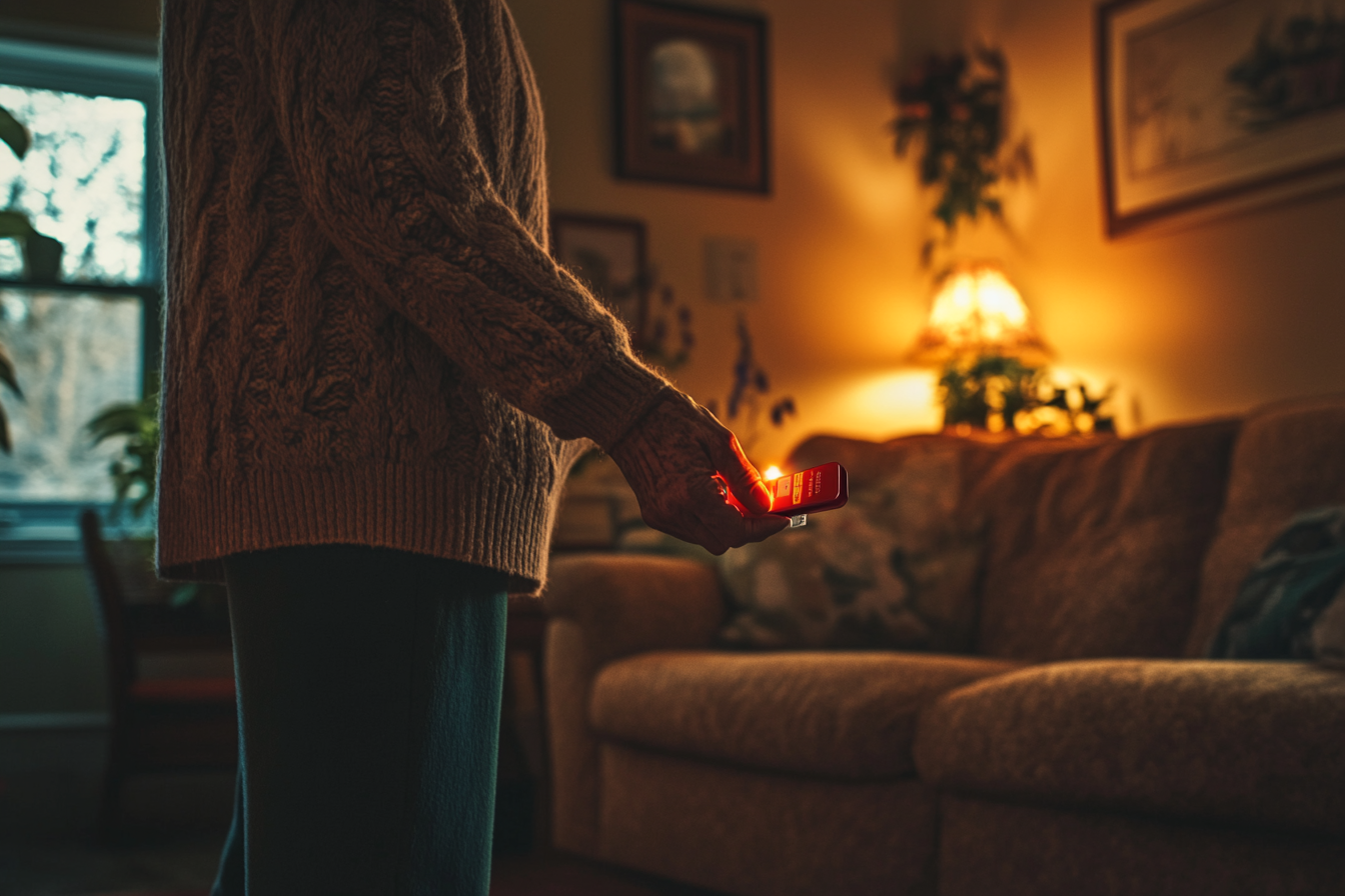 Woman in her 50s holding prescription anti-allergen medication in the living room | Source: No source