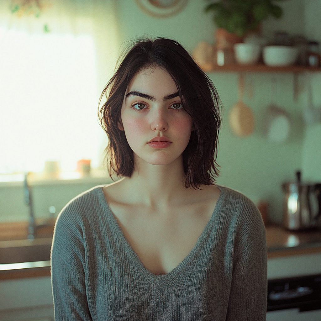 A woman standing in her kitchen, looking straight ahead | Source: No source