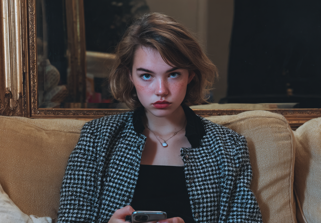 A grumpy teenage girl using her phone | Source: no source