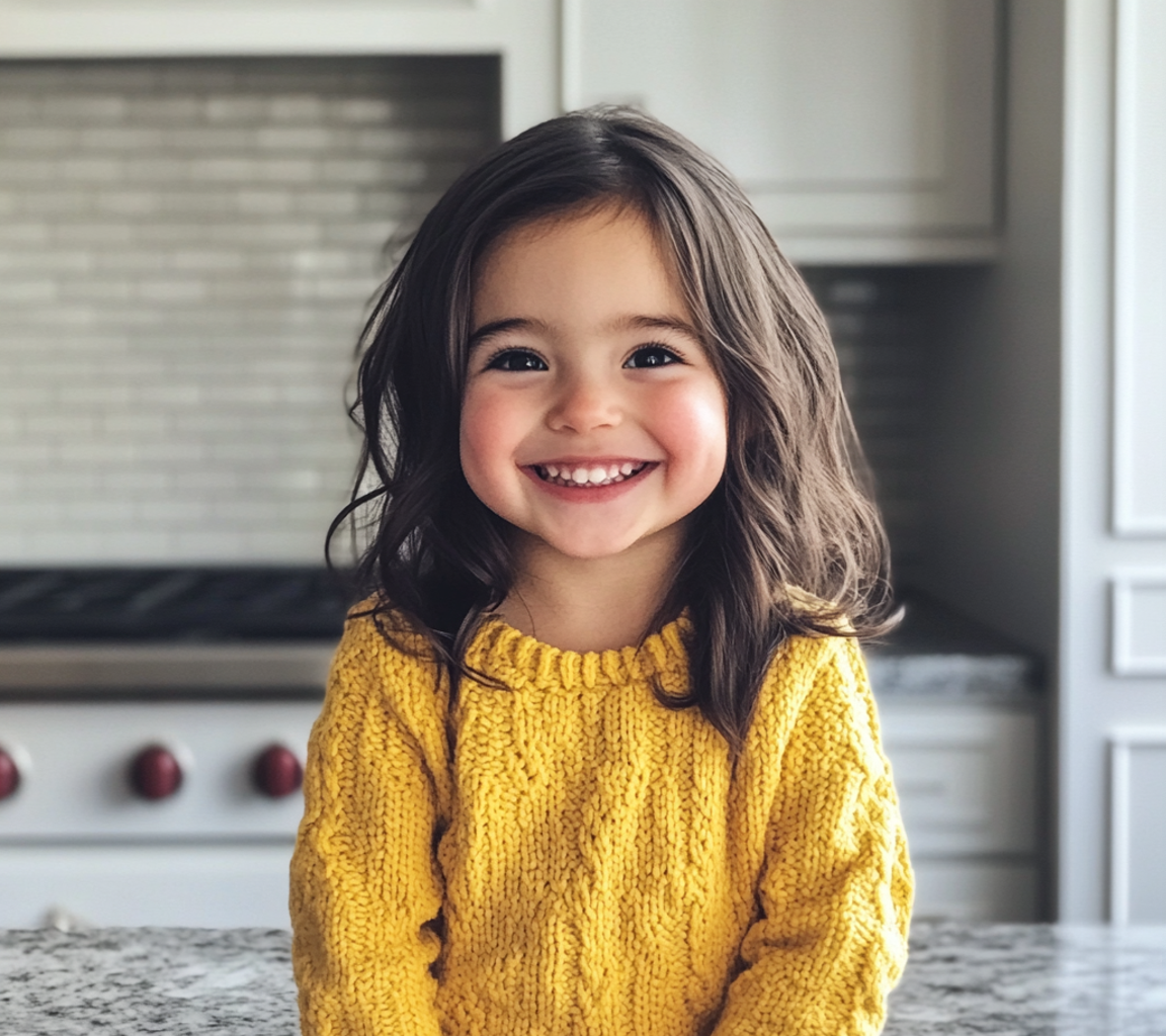 A smiling little girl sitting on a kitchen counter | Source: no source