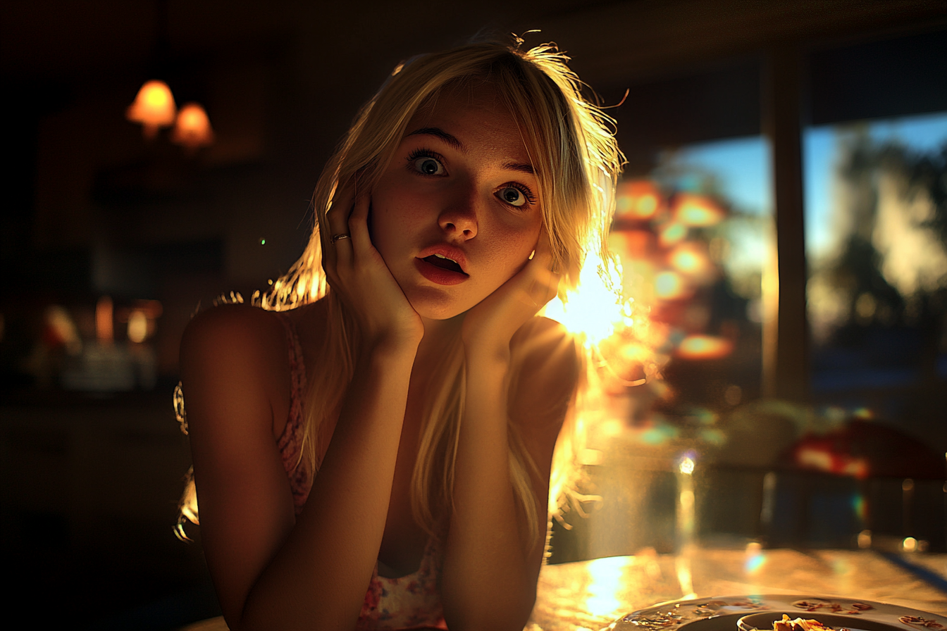 A woman gasping in disbelief during dinner | Source: No source