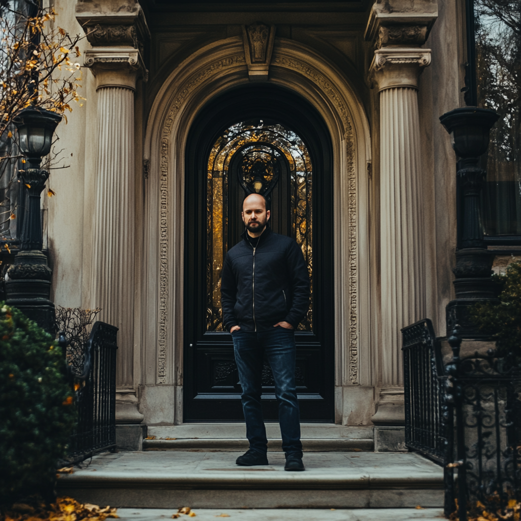 A man standing in a mansion's doorway | Source: no source