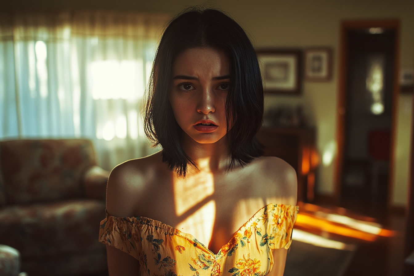 18 year old woman looking horrified in a living room | Source: No source