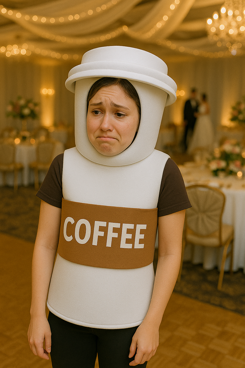 A woman wearing a foam coffee cup costume at a wedding reception | Source: no source