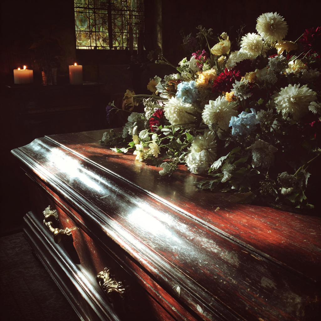 A bouquet of flowers on a casket | Source: no source