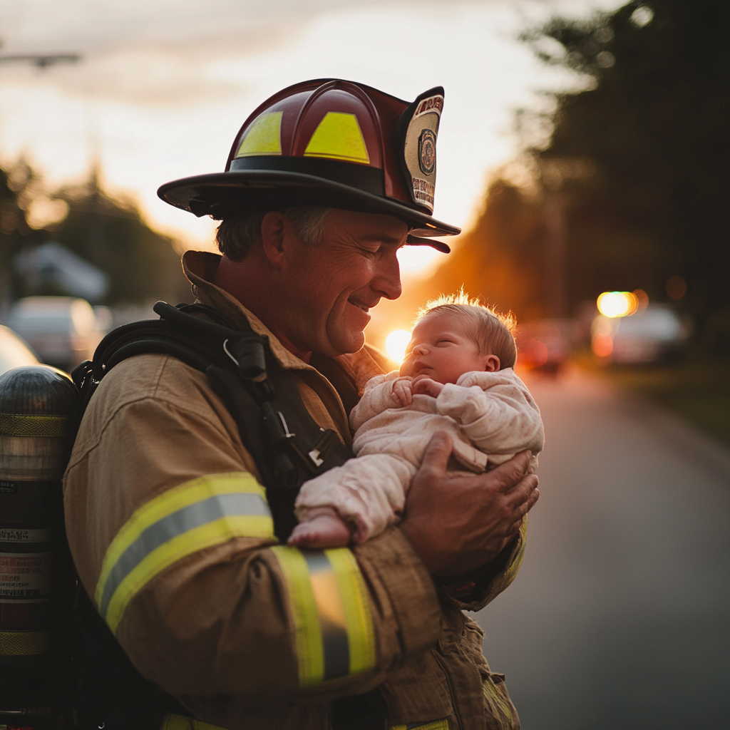 A firefighter gently cradling a newborn baby | Source: No source